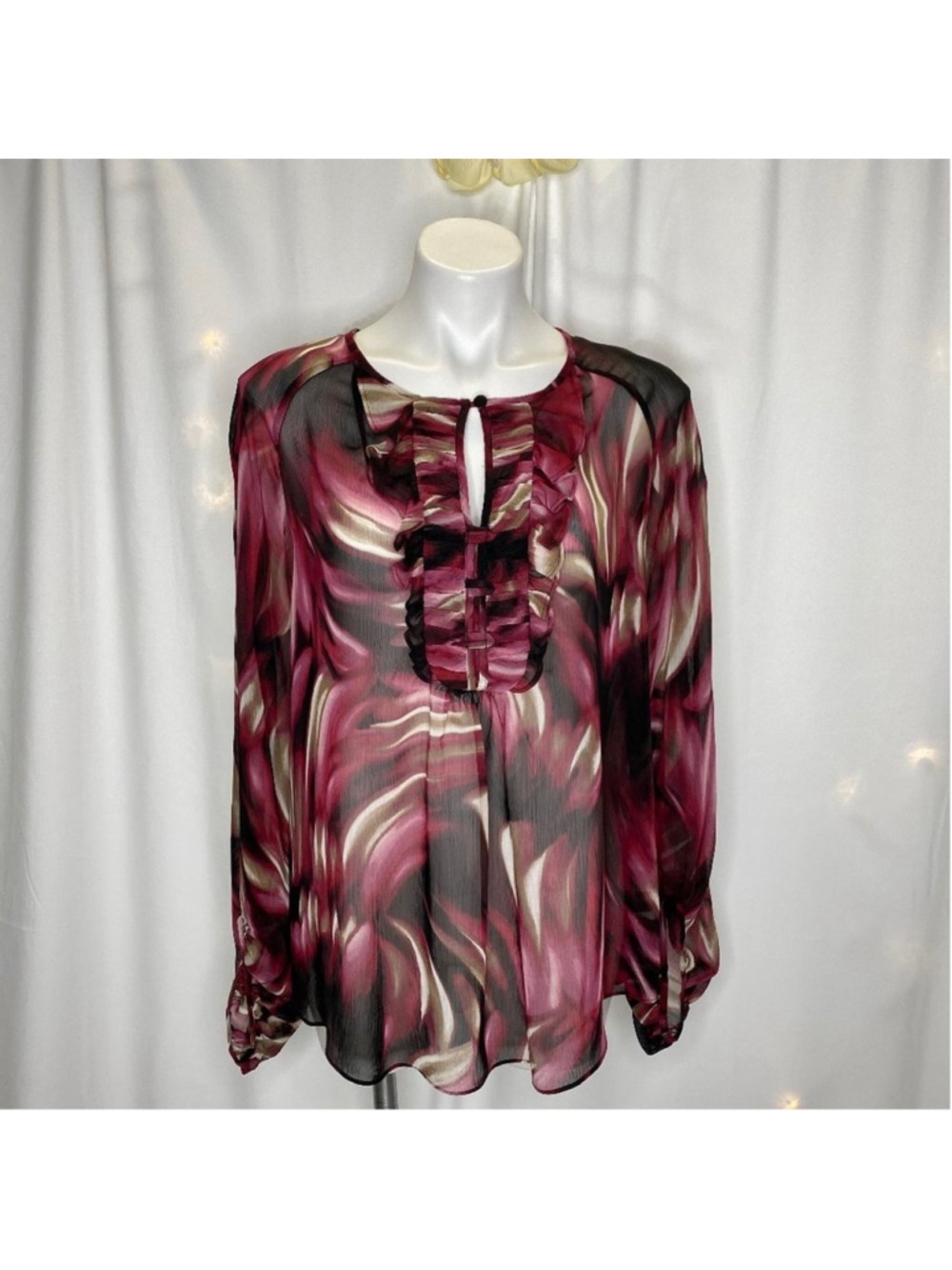 Bisou Bisou Marble Ruffled Front Sheer Top Medium